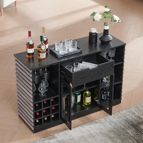 Home Source Deluxe 47.5" Wine Bar Cabinet with Open Wine Rack, Liquor Shelves Buffet Storage Sideboard with Glass Door & Drawer for Kitchen Credenza Dining Room Living Room, Grey