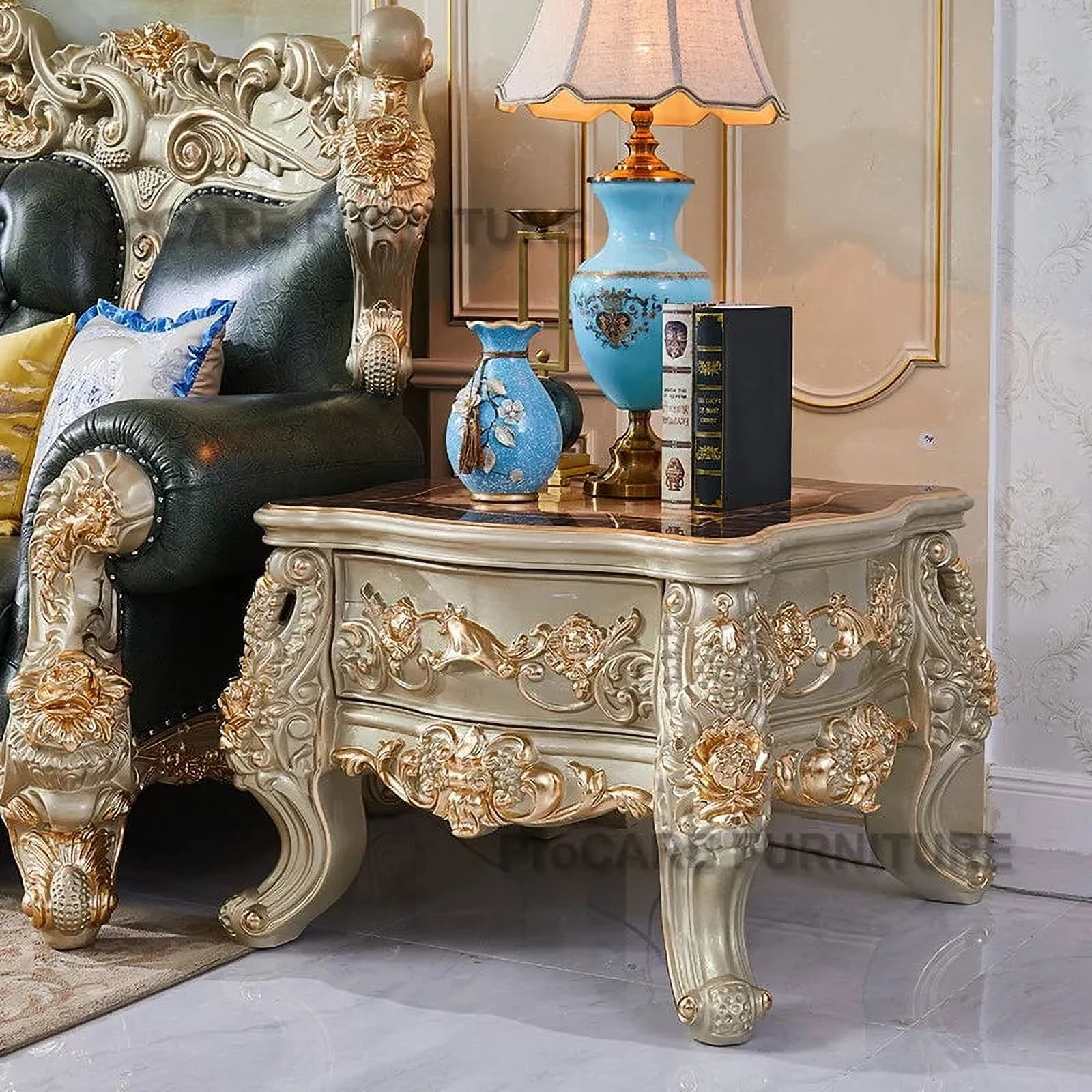 European style villa solid wood tv cabinet living room furniture oak carved golden luxury center table TV cabinet combination