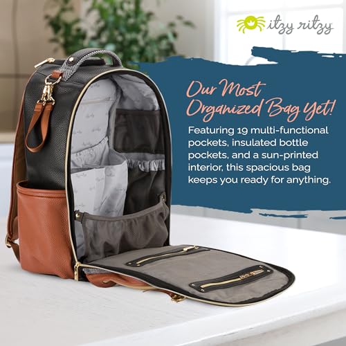 Itzy Ritzy Diaper Bag Backpack – Large Capacity Boss Plus Baby Backpack Diaper Bag Featuring 19 Pockets, Changing Pad, Stroller Clips, and Comfortable Backpack Straps, Black