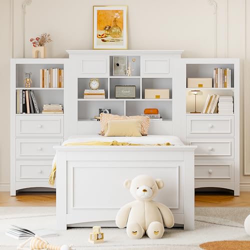 Twin Storage Bed, Wood Platform Bed with Bookcase Headboard and 10 Drawers, Modern Wooden Captain Beds Frame for Kids Boys Girls Teens, Gray