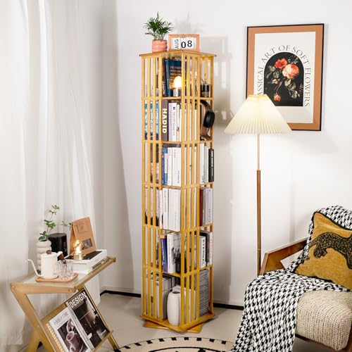 Rotating Bookshelf Tower, 360 Display Spinning Bookcase, Bamboo Bookshelf Floor Standing Storage Rack, Wood Narrow Book Shelf Organizer for Kids&Adults, Walnut 6 Tier