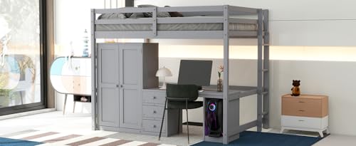 Wooden Full Size Loft Bed with Wardrobe, Desk and Storage Drawers,for Kids Teens Adults Bedroom Use (White@Drawers, Full)