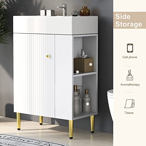 22" Small Bathroom Vanity with Sink, Bathroom Vanity Cabinet with Ceramic Vessel Sink Left Side Storage, Single Sink Vanity with Top, Freestanding Bathroom Sink and Cabinet Combo Set, White