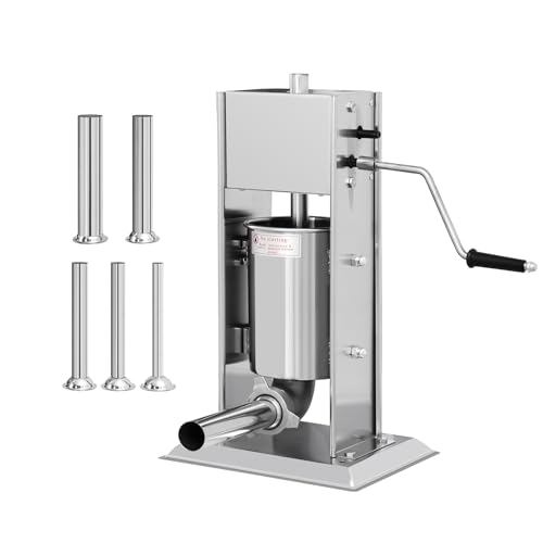 Manual Sausage Stuffer 7L/14LB, Vertical Sausage Maker, Food Grade Stainless Steel Meat Filling Kitchen Machine with 5 Stuffing Tubes for Commercial, Home and Outdoor