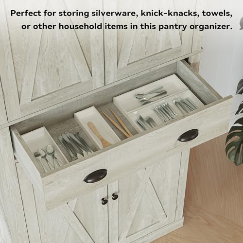IRONCK Kitchen Pantry Storage Cabinet 72.6" H, with Barn Doors, Drawer, 4 Adjustable Shelves, Freestanding Cupboard for Dining Room Living Room, Laundry, White