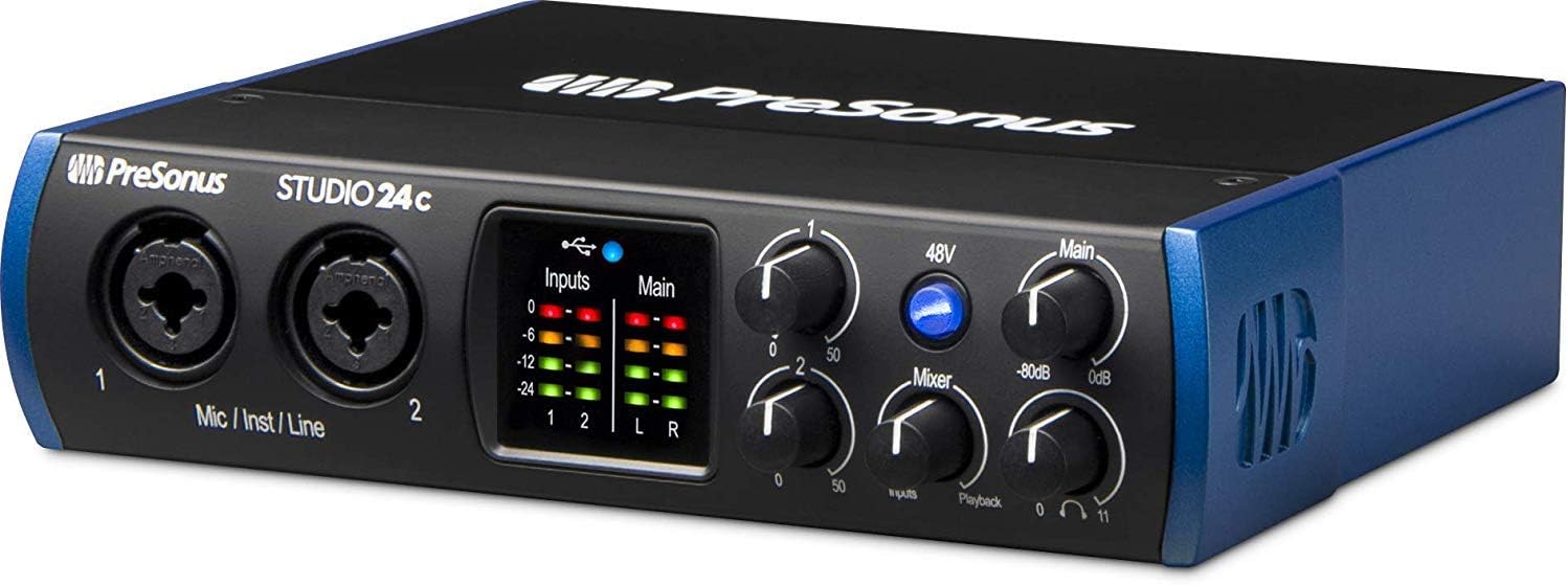 PreSonus Studio 24c 2x2 USB Type-C Audio/MIDI Interface and Studio One Artist Software kit with Condenser Microphone Shockmount, and XLR Cable