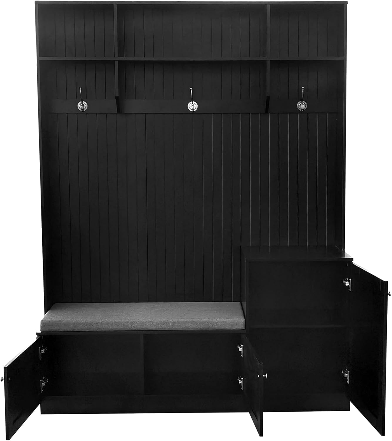 Entryway Hall Tree with Bench&cushion and Shoe Storage, Modern Elegant Design Shoe Cabinet Coat Rack with 3 Hooks for Hallway, Living Room, Black