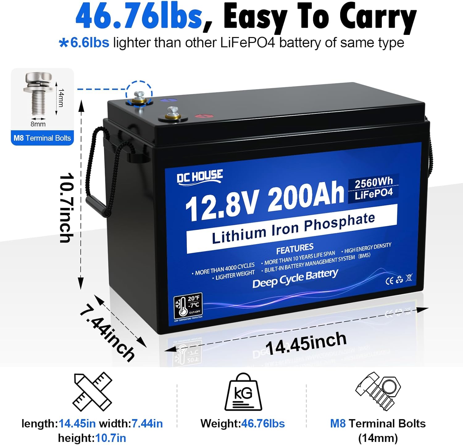 DC HOUSE 12V 200Ah Lithium LiFePO4 Deep Cycle Battery, Low Temp Cut Off, with 2560Wh Energy Max. Built-in 200A BMS for RV, Solar, Home Energy Storage, Marine Trolling Motor, Boat, Golf Carts