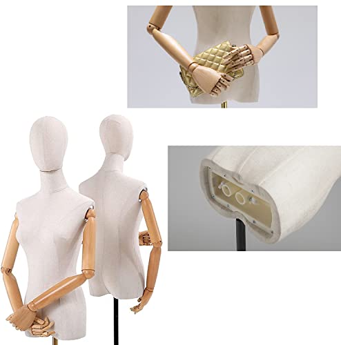 Female Mannequin Dress Form Torso, Display Mannequin Body with Detachable Head, Wooden Hands and Golden Adjustable Height Stand, for Dress Jewelry Display, Beige (Gold)