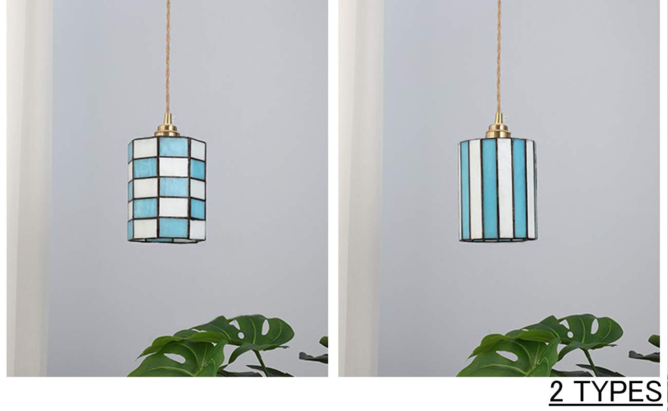 FSLiving Hanging Swag Lamp Pendant Light with 15ft Plug-in UL Dimmable Cord Brass Finished E26 Socket Tiffany Blue Streak Glass Lamp Nordic Industrial Hanging Lamp,Bulbs Not Included - 1 Pack