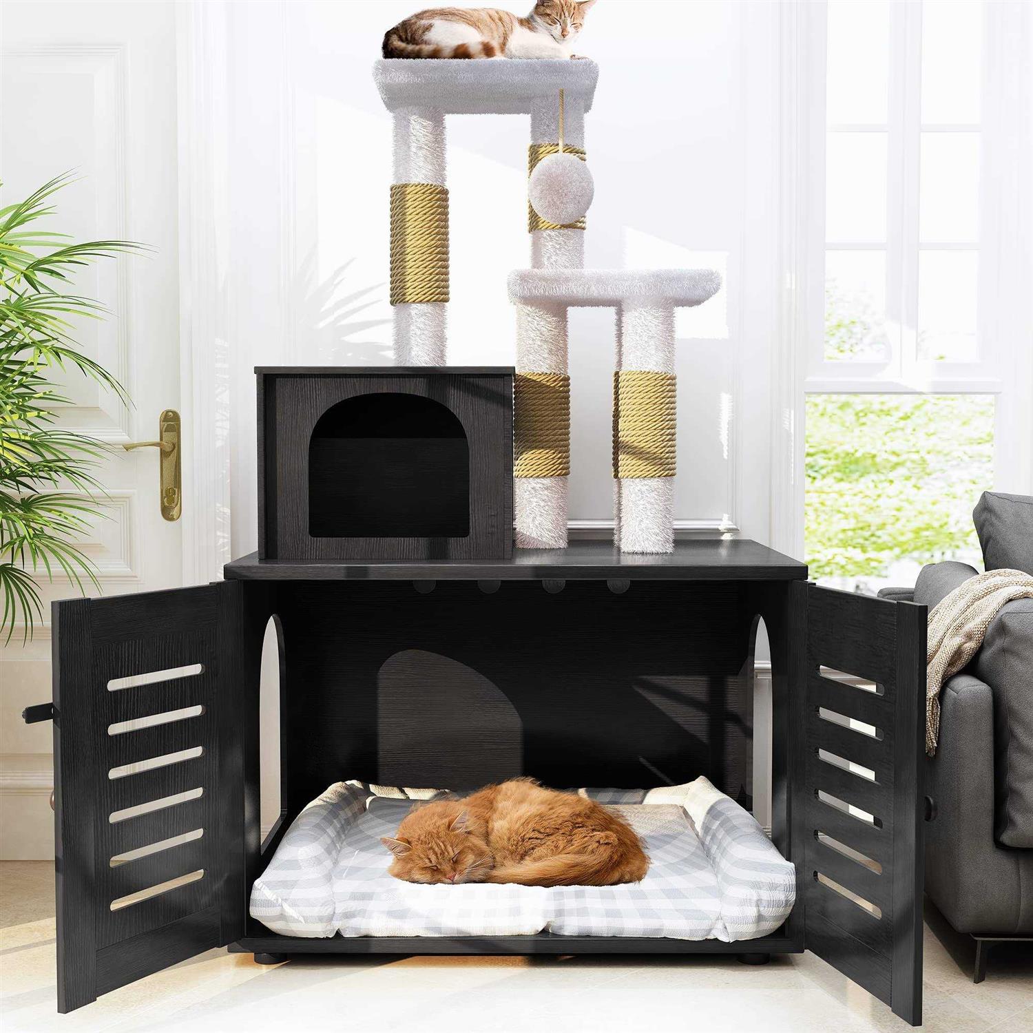 Recaceik Cat Litter Box Enclosure with Cat Tree Hidden Cat Washroom Furniture with Divider - Pet Supplies online store
