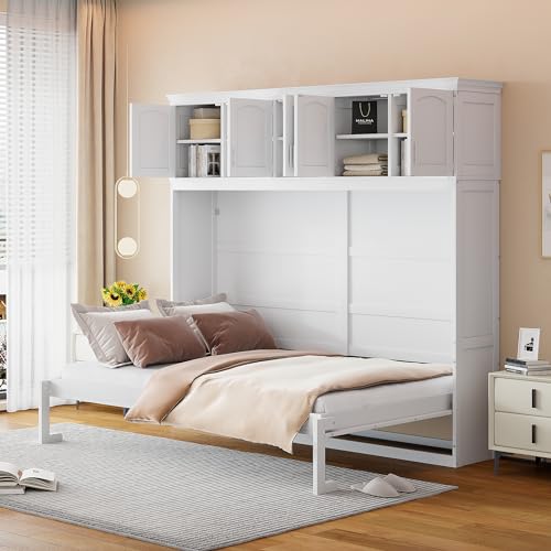 Full Murphy Bed with Cabinets, Full Size Murphy Bed Cabinet Bed, Solid Wood Wall Bed, Hidden Murphy Beds Foldable Platform Bed Frame, Horizontal Murphy Bed for Guest Room or Home Office, Grey
