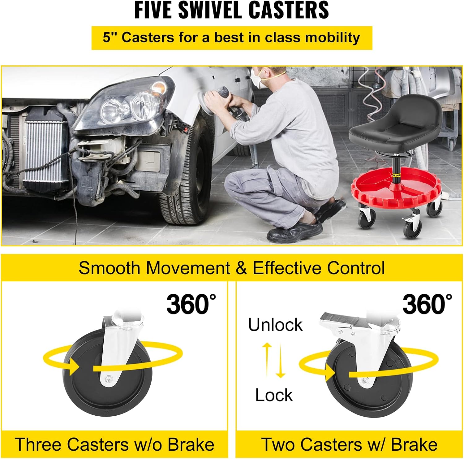 VEVOR Shop Stool, 400 LBS Rolling Garage Stool, 22” to 26” Adjustable Height Mobile Rolling Gear Seat, Round Tray Garage Pneumatic Stool, All-Terrain 5 Casters with Two Brakes Mechanic Seat
