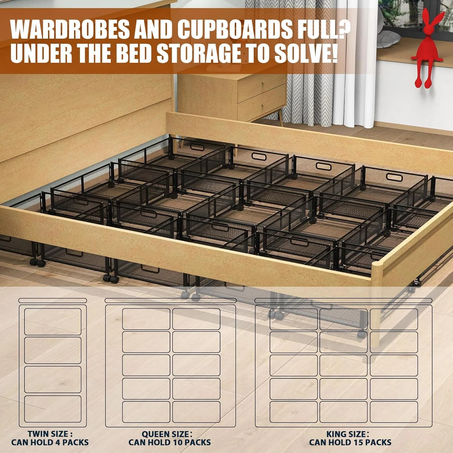 Under Bed Storage Containers,2 Pack Foldable Underbed Storage Containers with Handles and Wheels,Folding Bed Shoes Clothes Organizer,Easy Assembly Underbed Storage for Toy,Bedding,Bedroom(Black)