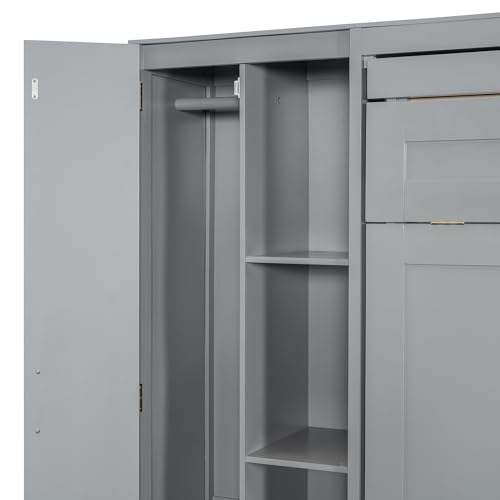 Full Size Murphy Wall Bed With Storage and Bookcase Headboard, Solid Wood Cabinets With Shelves, Drawers and USB Ports, Multi-Function Platform for Home Office, Guest Room - White