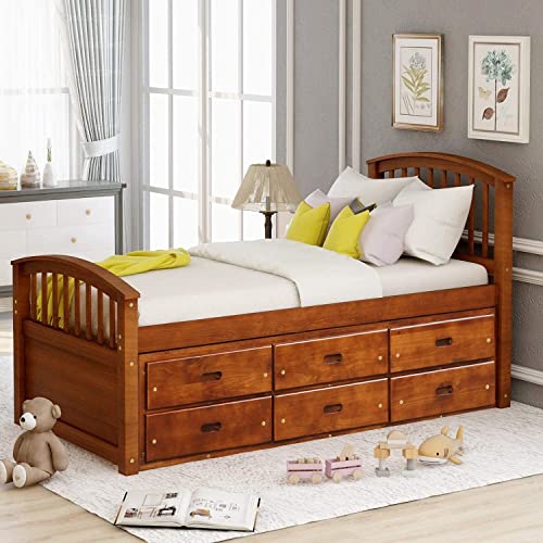 SOFTSEA Twin Platform Bed with Storage 6 Drawers, Twin Captain Bed for Kids Teens Adults, Twin Platform Bed with Headboard and Footboard for Bedroom, Solid Wood Bed Frame, White