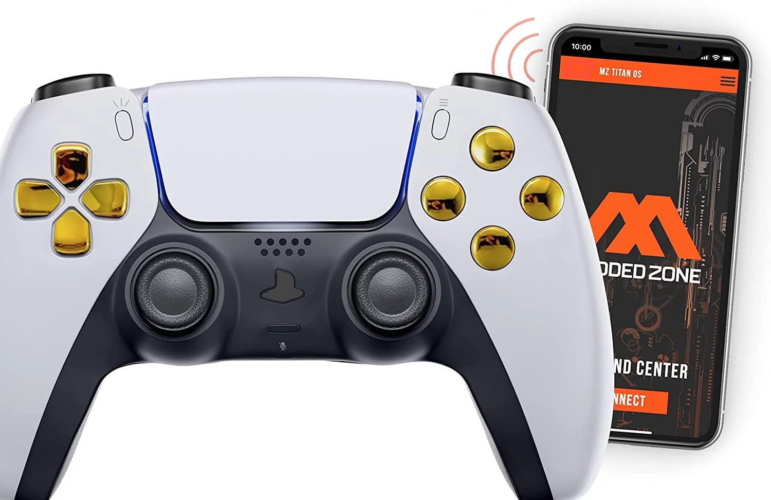 White|Gold SMART Rapid Fire Custom Modded Controller compatible with PS5 Playstation 5 for FPS & COD games (control mods via phone APP. Anti Recoil Mod is available via the App))