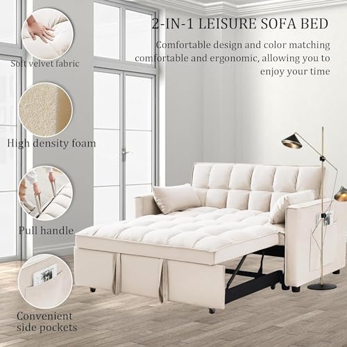 3 in 1 Sleeper Sofa Couch Bed, Velvet Convertible Loveseat Sleeper Sofa with 3 Level Adjustable Backrest, Storage Pockets, Toss Pillows, Pull Out Loveseat Sleeper for Living Room, Black