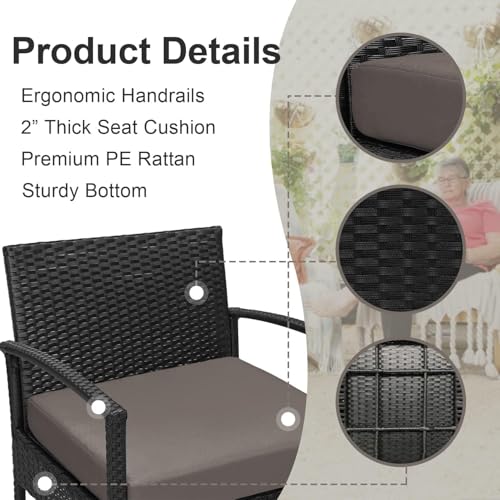 PROHIKER 3 PCS Patio Rattan Conversation Chairs Set, Outdoor Patio Furniture Balcony Furniture Set, Wicker Patio Bistro Set for Garden Porch Balcony Yard, Brown