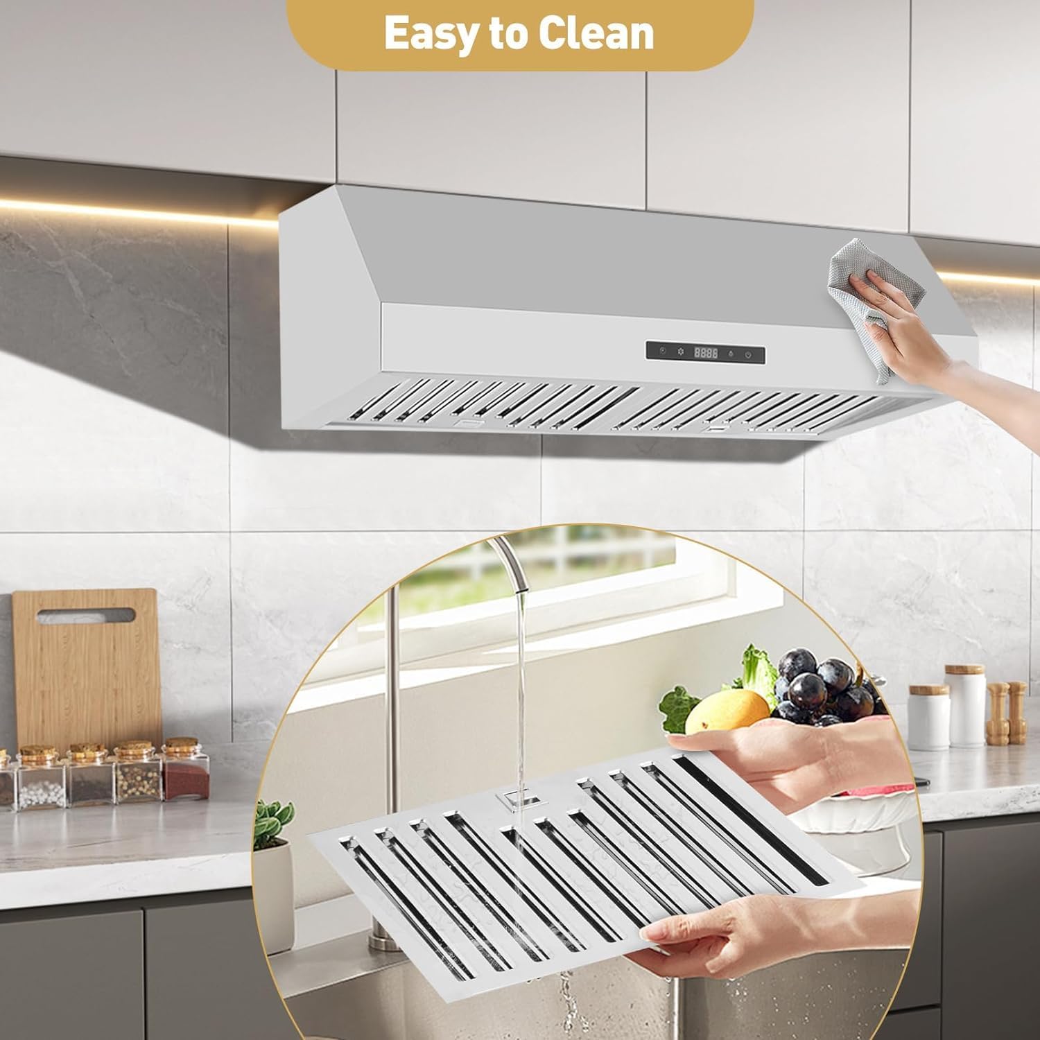Range Hood,30 Inch Range Hood for Under Cabine Stainless Steel 3-Speed Exhaust Fan,Touch Screen, Dishwasher Safe Baffle Filters, LED Lamps, 400 Max Blower CFM,Low Noise for Kichten