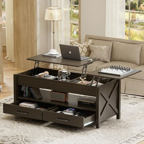 Lift Top Coffee Table for Living Room with Hidden Storage Compartment 2 Lift Tabletops Drawers and Shelf Modern Farmhouse Center Table, 47.2" Wood Rising Coffee Table, 475LBS Max Weight, Black