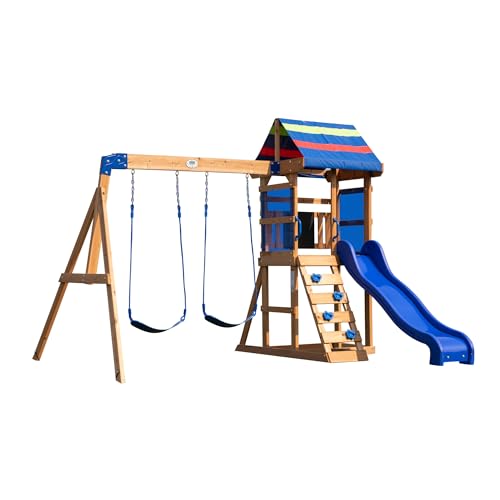 Backyard Discovery Buckley Hill Wooden Swing Set, Made for Small Yards and Younger Children, Two Belt Swings, Covered Mesh Fort with Canopy, Rock Climber Wall, 6 ft Slide Green