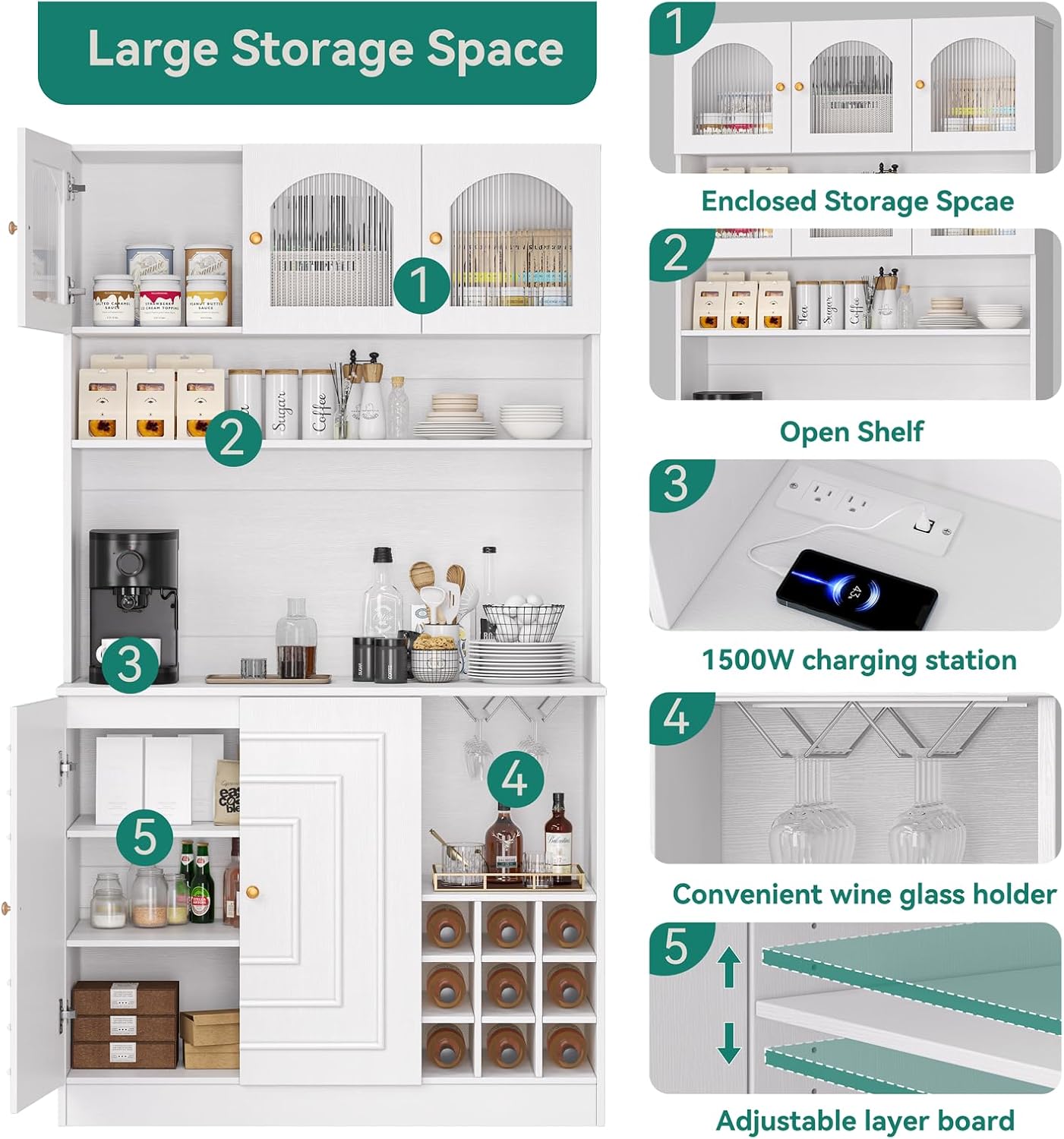 Kitchen Pantry Cabinet with Storage, 71" Tall Hutch Storage Cabinet for Dining Room, White Freestanding Food Pantry Cabinet with Microwave Stand & Power Outlet, Goblet Rack & Wine Rack.