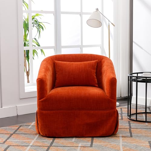 Swivel Accent Armchair, Upholstered 360 Degree Swivel Barrel Chair with Skirt, Modern Comfy Round Armchair with Metal Base & 1 Pillow for Living Room Bedroom Office, Blue