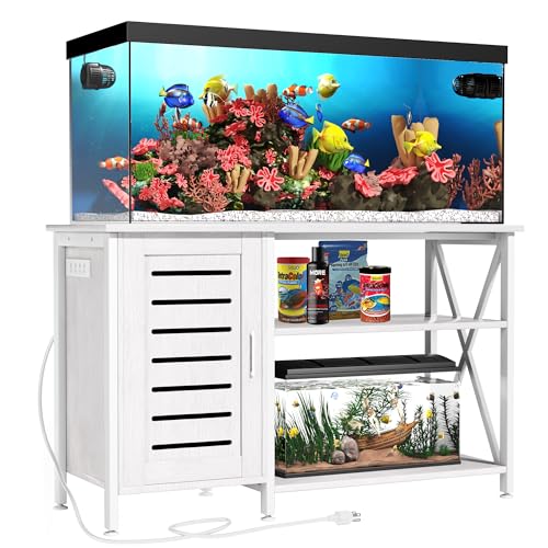 55-75 Gallon Fish Tank Stand, Aquarium Stand with Power Outlets and Cabinet for Fish Tank Accessories Storage, Heavy Duty Metal Frame, 52" L*19.68" W Tabletop, 1200LBS Capacity, White PG05YGW