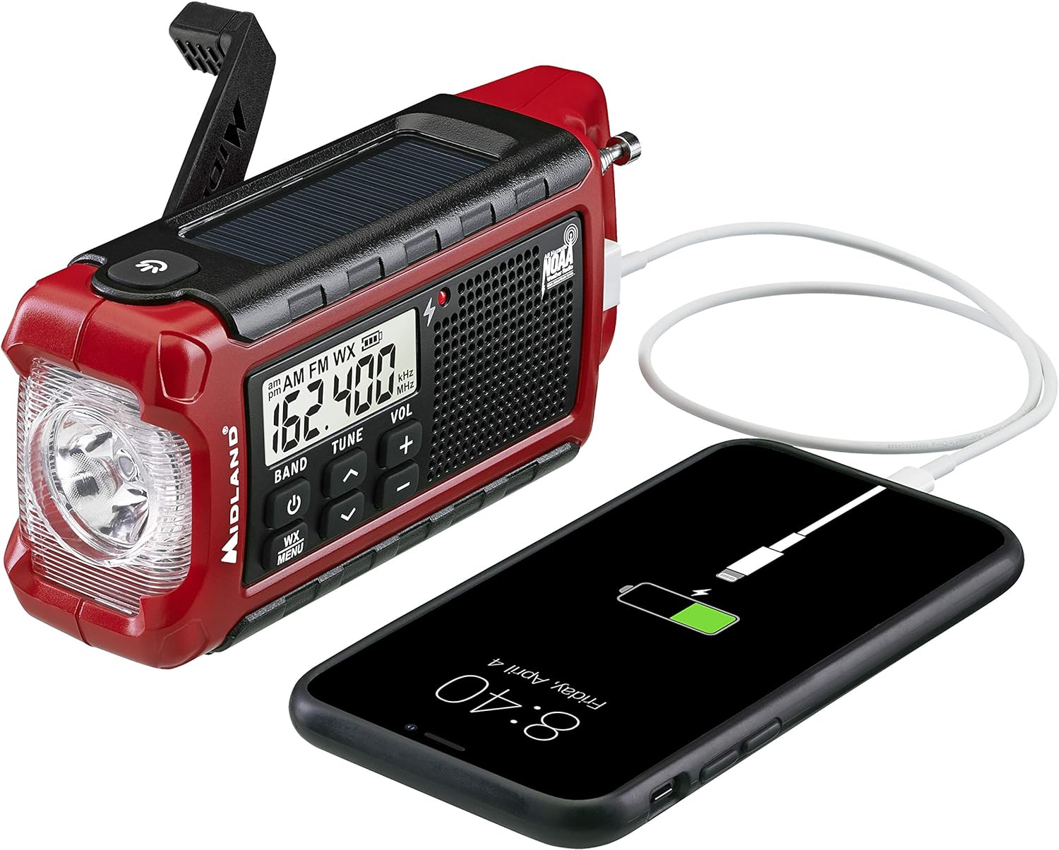 Midland - ER310, Emergency Crank Weather AM/FM Radio - Multiple Power Sources, SOS Emergency Flashlight, Ultrasonic Dog Whistle, & NOAA Weather Scan + Alert (Red/Black)