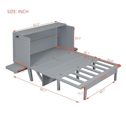 Queen Size Murphy Bed with USB Ports and Removable Shelves on Each Side, Wood Murphy Bed Wall Bed Folding Wall Bed for Home Office or Small Room, Gray