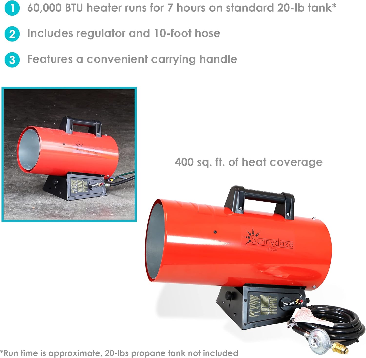 Sunnydaze 60,000 BTU Forced Air Propane Heater - Portable Heat for Construction Sites - Auto-Shutoff for Overheating Protection - Adjustable Heating Output - Piezo Ignition - Red and Black