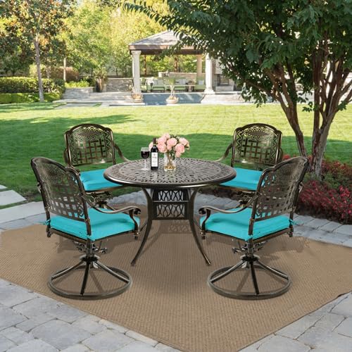 MEETWARM 5-Piece Outdoor Patio Dining Set, All-Weather Cast Aluminum Patio Conversation Set for Backyard Garden Deck with 4 Cushions Swivel Rocker Chairs and 35.4" Round Table, 2.2" Umbrella Hole