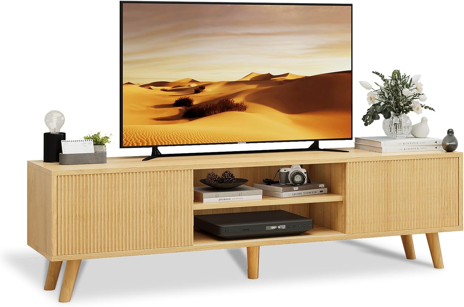 TV Stand for TVs Up to 75 Inches, Boho Entertainment Center Wood TV Stand with Fluted Sliding Doors & Shelves, TV Console Table Media Cabinet with Storage for Living Room Bedroom, Natural