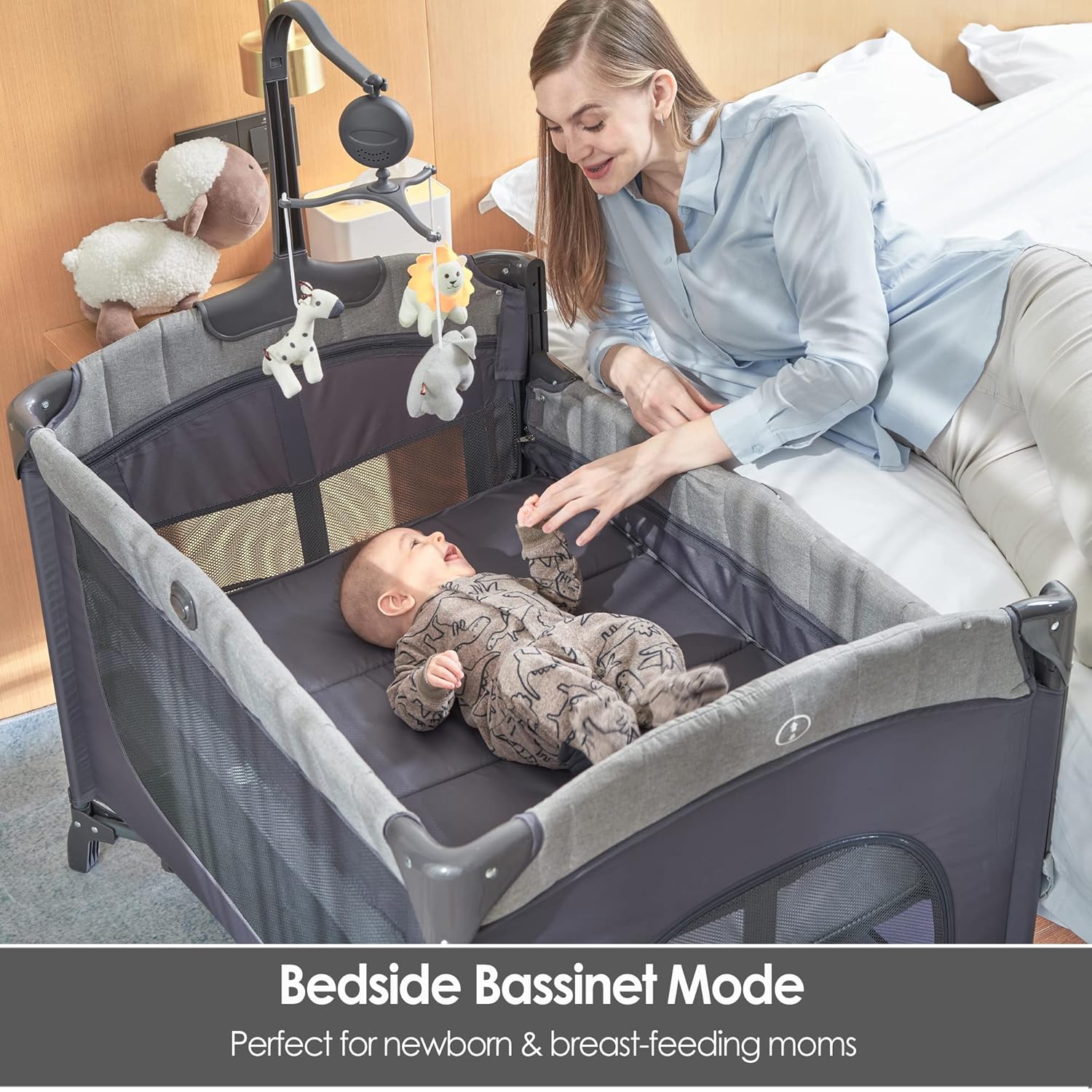 Baby Bassinet Bedside Bassinet Sleeper, 5-in-1 Pack and Play with Full-Size Bassinet,Baby Playard with Changing Table,Storage Shelf,Music Mobile with Soft Toys for Newborn to Toddlers (Grey)