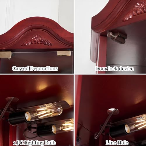 Glass Display Cabinet with Glass Doors, Corner Curio Cabinet with 4 Adjustable Glass Shelves, China Cabinet with Wooden Flower Carving for Living Room, Hallway, Cherry