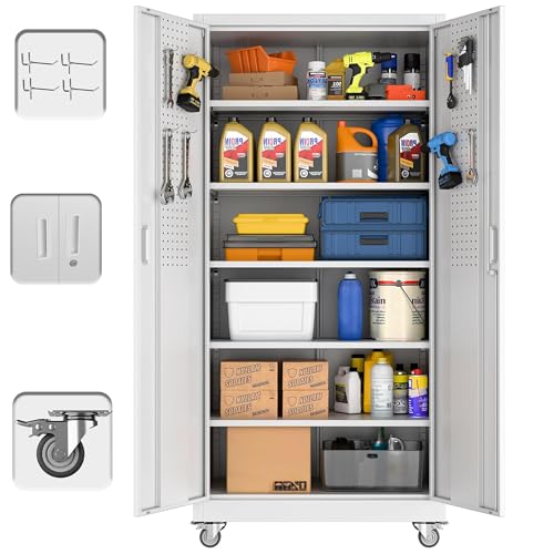 Aobabo Garage Storage Cabinet with Wheels,72" H Metal Storage Cabinet with 2 Doors and 4 Adjustable Shelves for Garage Home, Black,Required-Assembly