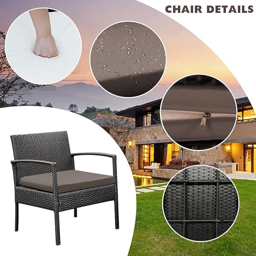 PROHIKER 3 PCS Patio Rattan Conversation Chairs Set, Outdoor Patio Furniture Balcony Furniture Set, Wicker Patio Bistro Set for Garden Porch Balcony Yard, Brown
