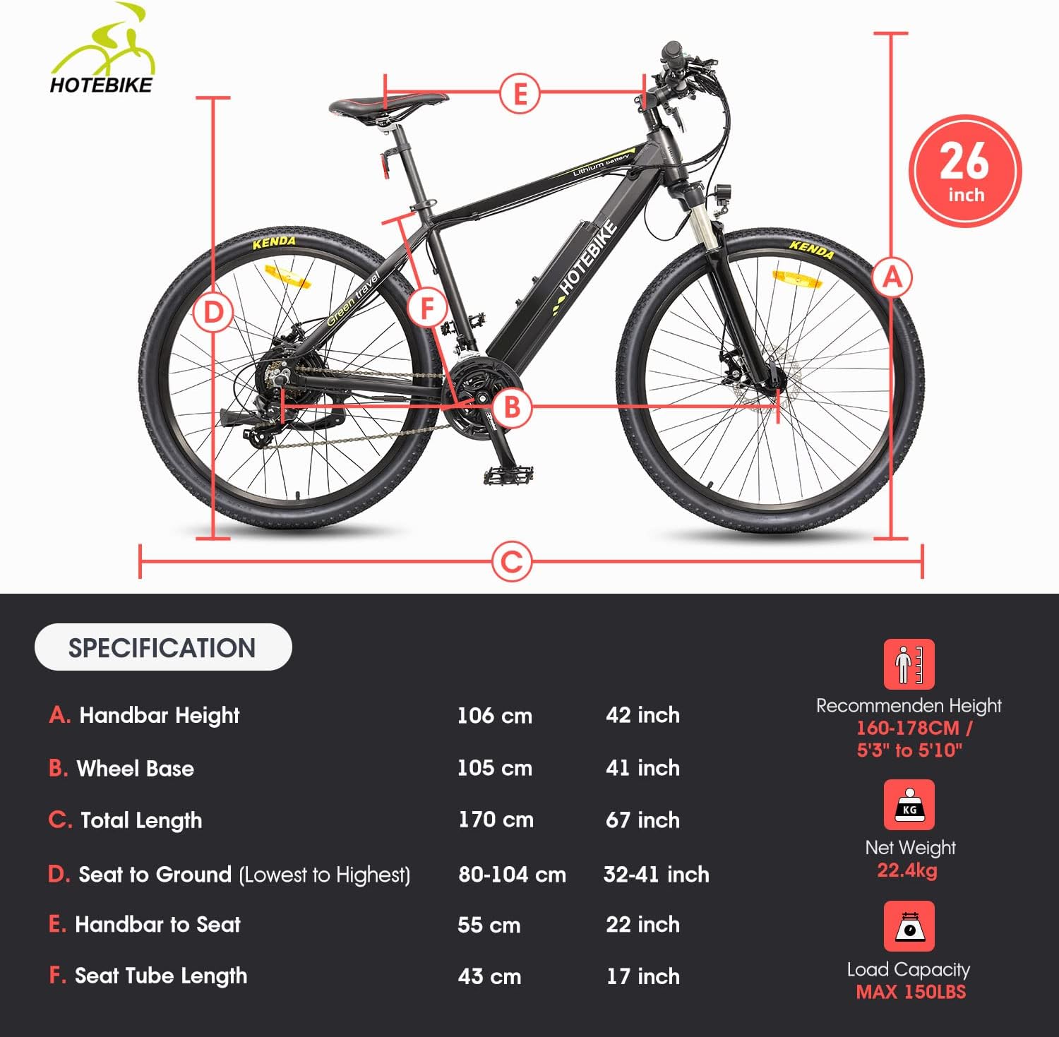 HOTEBIKE Electric Bike for Adults 500W Electric Mountain Bike with 48V 13AH Removable Battery 26" Electric Bicycle Ebike with 21 Speed LED Headlight Rear Light