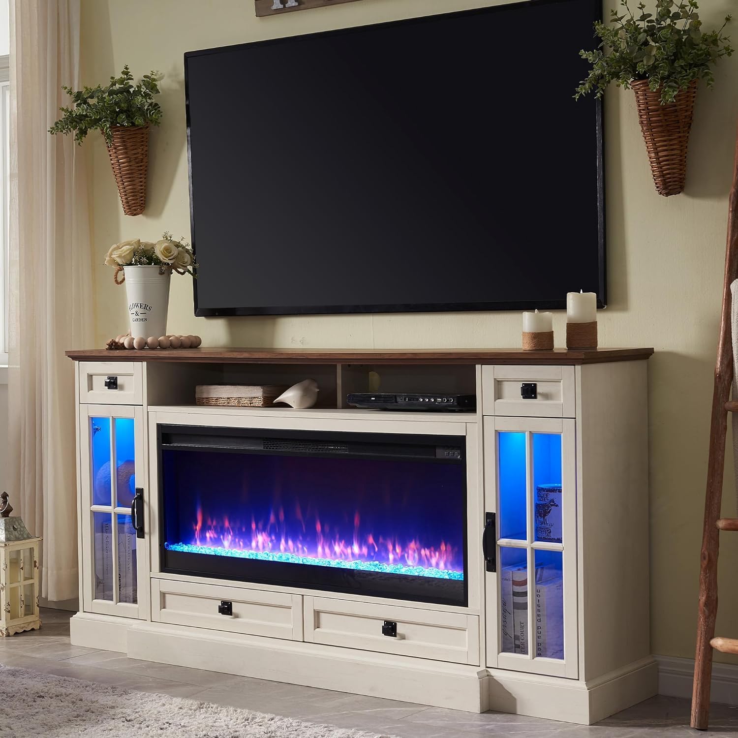 Fireplace TV Stand for 80 Inch TV, Farmhouse Entertainment Center with 42" Fireplace & LED Lights, Modern Media Console Table with Storage Drawers & Cabinets for Living Room, Antique White