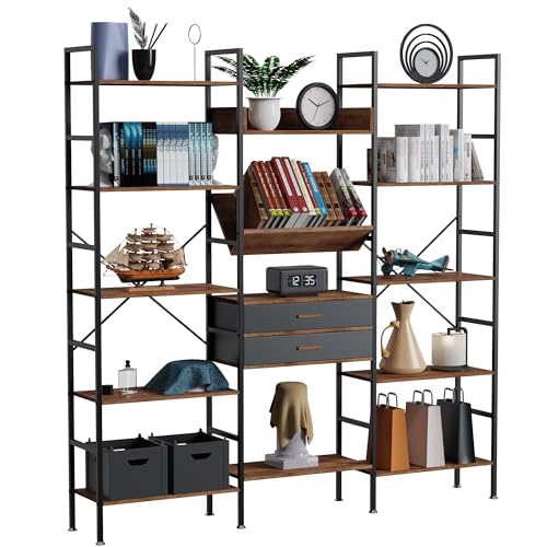 5 Tier Bookshelf with Shelves Triple Wide Bookcase with 14 Open Display Shelves Industrial Book Shelf Book Case Modern Tall Bookcases Furniture for Bedroom, Home, Office, Living Room