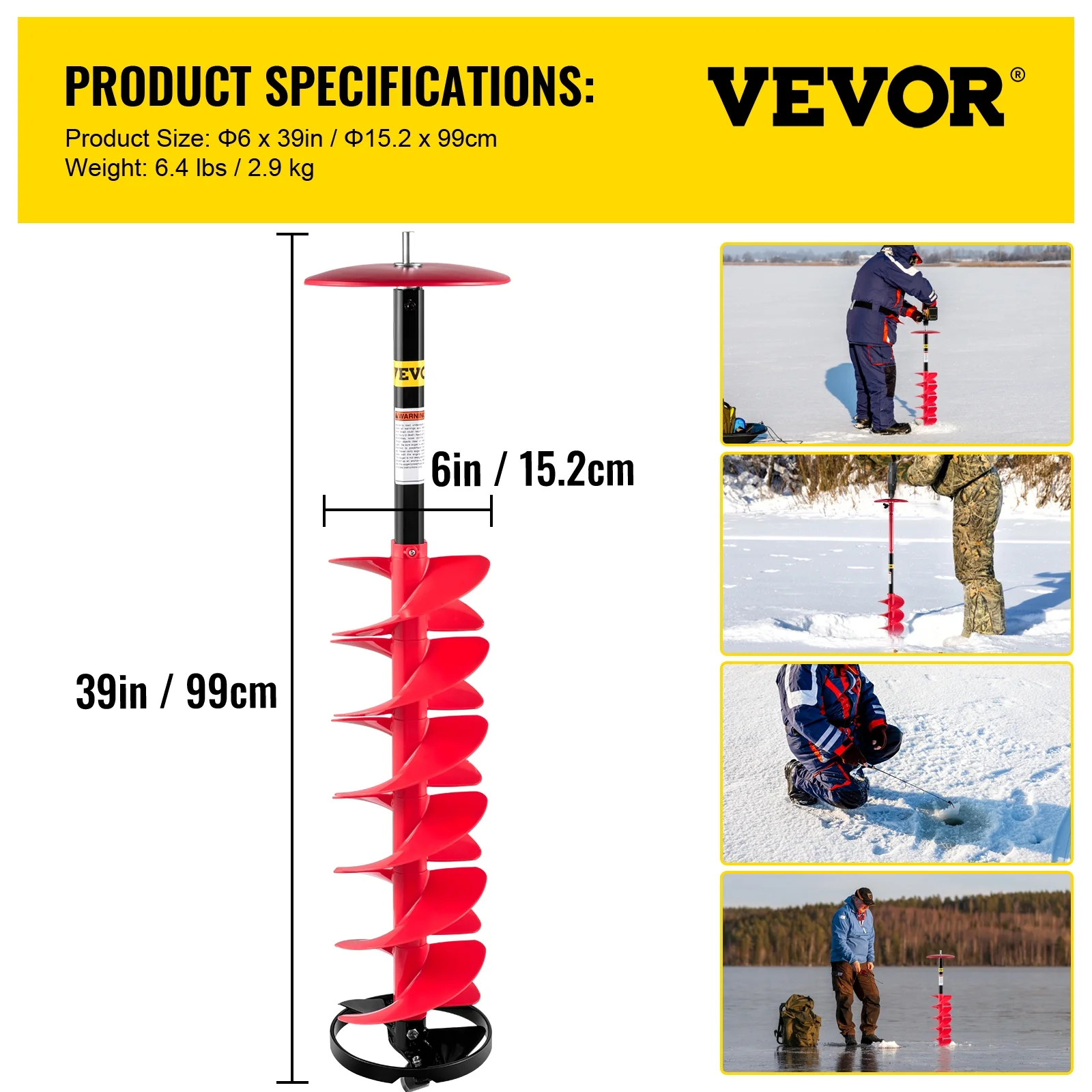 VEVOR Ice Drill Auger, 6'' Diameter Nylon Ice Auger, 39'' Length Ice Auger Bit,Auger Drill with 11.8" Extension Rod,Auger Bit w/ Drill Adapter,Top Plate & Blade Guard for Ice Fishing Ice Burrowing Red