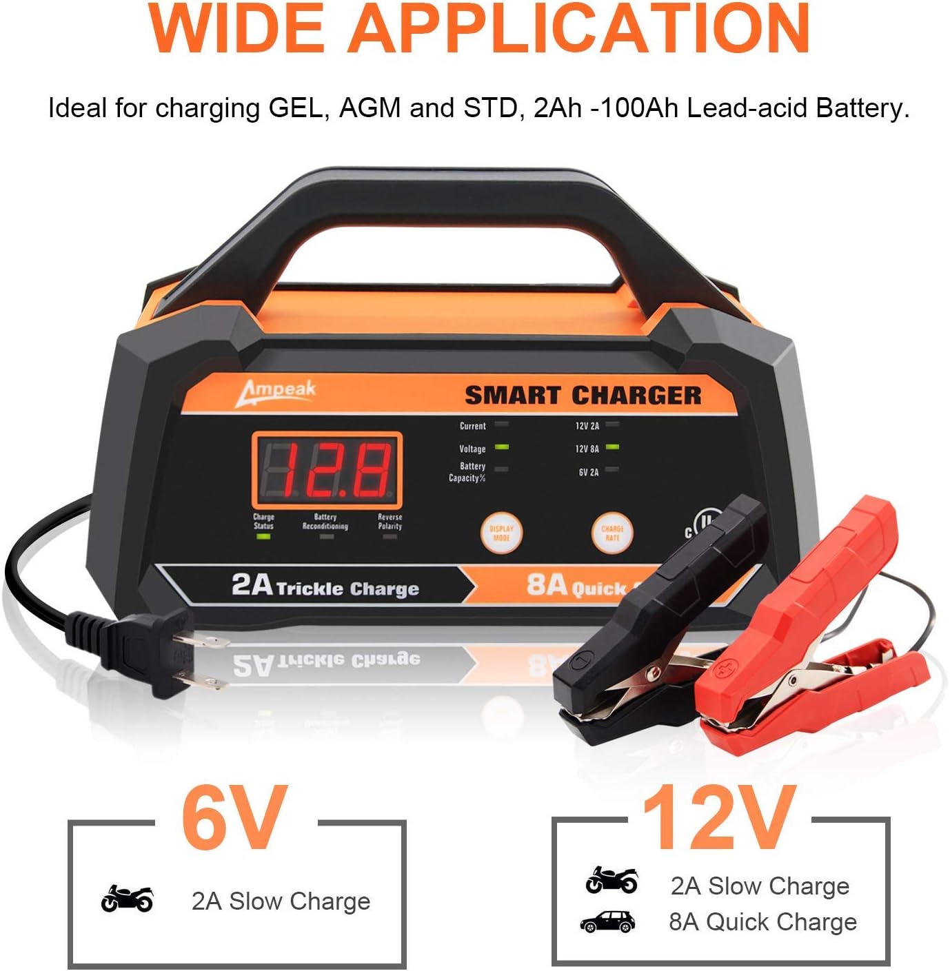 Ampeak 6V 12V Smart Car Battery Charger and Maintainer 2A 8A Fully Automatic with Cable Clamps