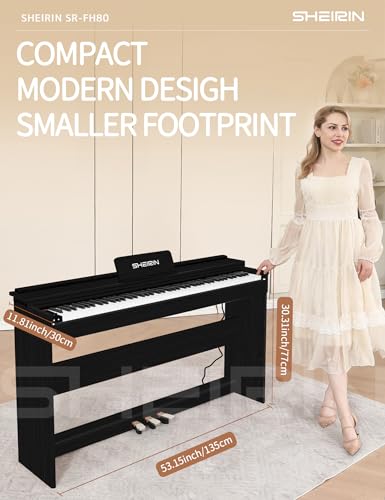 Digital Piano Hammer Action Keyboard 88 Keys Upright Acoustic Electric Weighted Piano Beginner MIDI Cover Full Size Sustain Pedal Stand Real Professional SR-FH80 (Beige Full Cover)