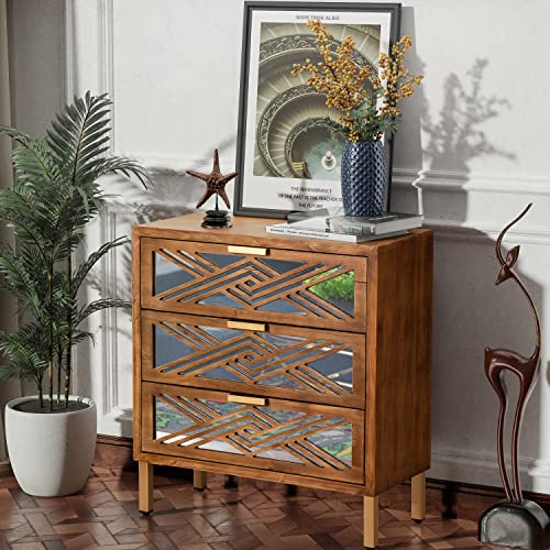 LONYKE Accent Dresser, 3-Drawer Wooden Cabinet with Mirror Fronts, Modern Farmhouse Accent Chest Clean-Lined Silhouette