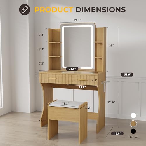 Vanity Desk with LED Lighted Mirror, Makeup Vanity with 3 Adjustable Lights, 2 Large Drawers and 4 Open Shelves, White Vanity with Storage Stool for Bedroom