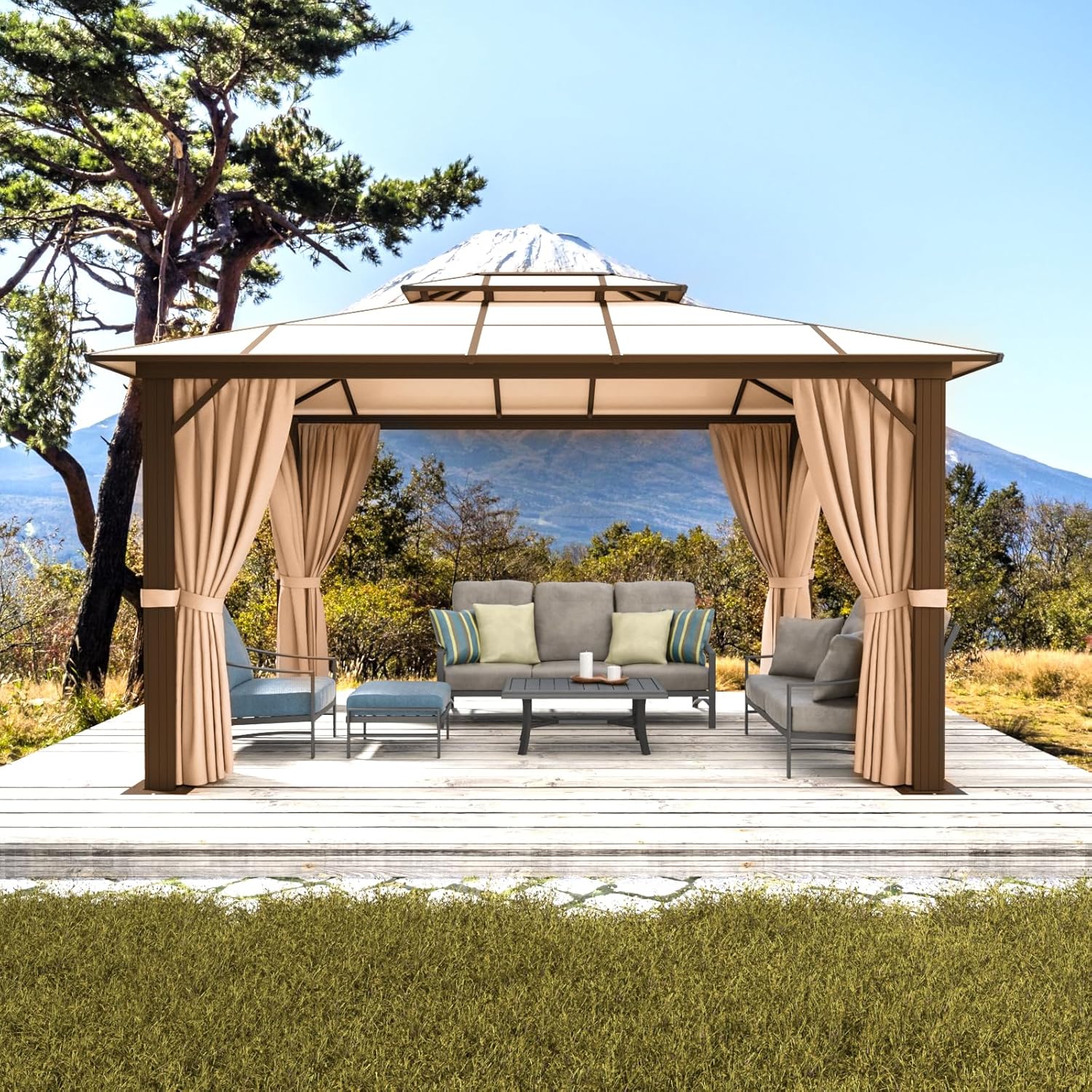 Aoxun 10x12FT Hardtop Gazebo, Aluminum Frame Permanent Pavilion with Curtains and Netting, Outdoor Polycarbonate Gazebo, Double Roof Canopy, for Gardens, Patios, Lawns