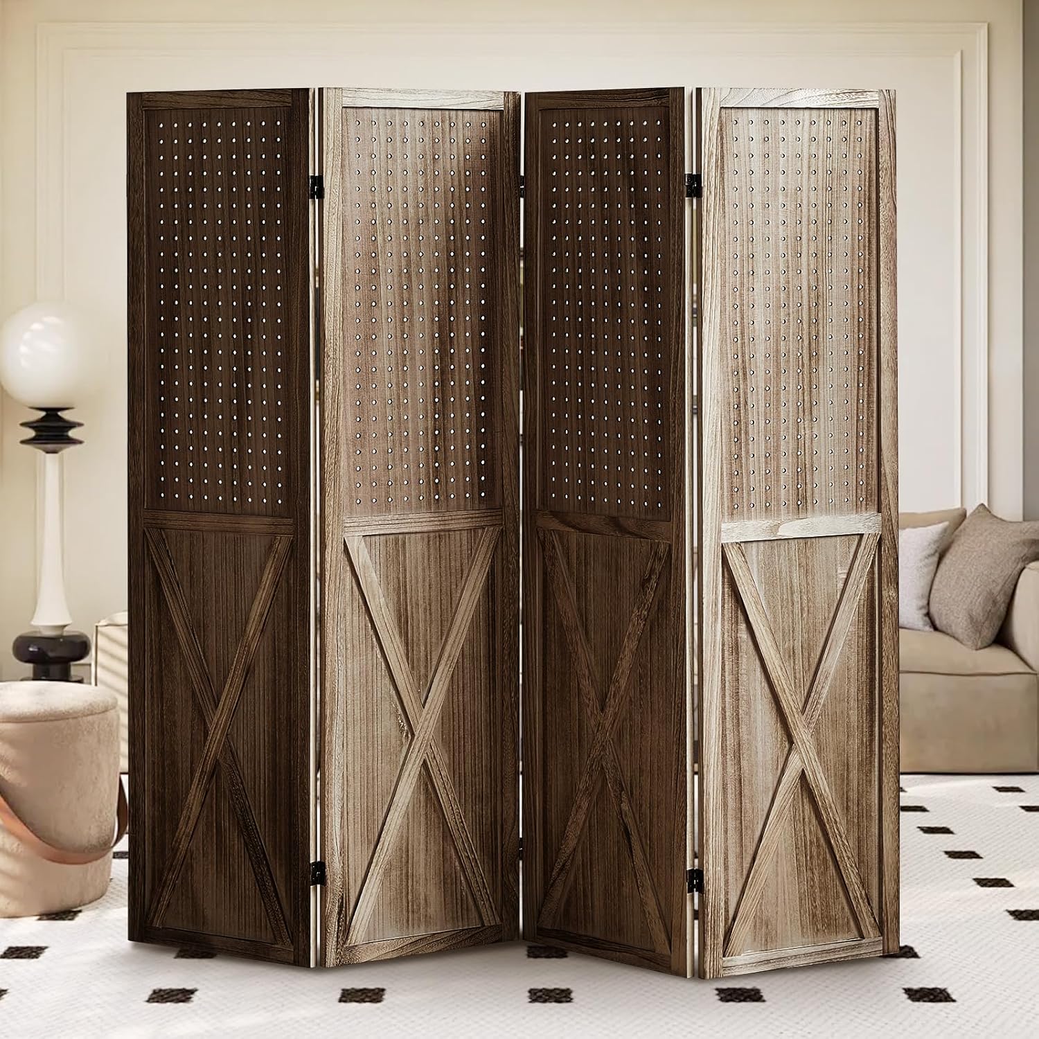 Pegboard Display Wood Room Divider 4 Panel, Folding Privacy Screens, Peg Board Room Divider, 5.6Ft Room Divider, Portable Pegboard Display Stand Organizer for Art, Jewelry, Craft Shows (Brown)