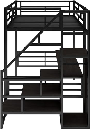 Metal Full Loft Bed with Desk and Wardrobe, Full Size with Storage Stairs and Guard Rail,Bed Frame