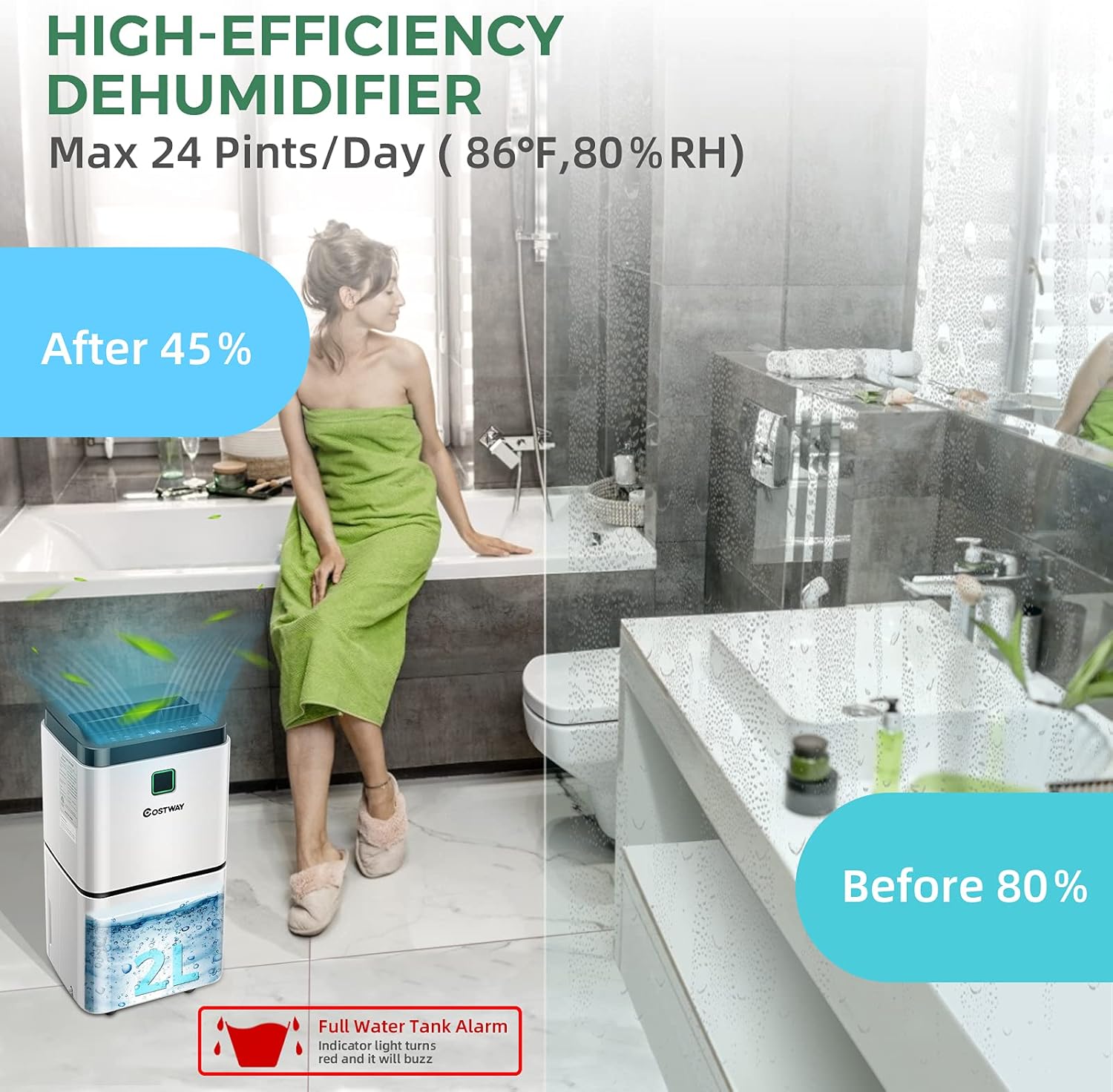 COSTWAY 1500 Sq. Ft Dehumidifier for Home & Medium Spaces, Portable 24 Pints Dehumidifier w/ 3 Color LED Light, 3 Modes, 2 Speeds, 12H Timer, Auto or Manual Drainage, 0.5 Gallon Water Tank & 4 Wheels